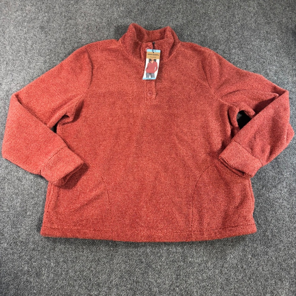 NWT Eddie Bauer Women Large Red Fleece Button Mock Neck Pullover Pocket Sweater
